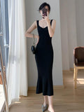 themeisles Korea Summer New Women White Elegant V-neck Knit Slip Long Dress French Black Sexy Club Slim Prom Evening Party Fishtail Dresses