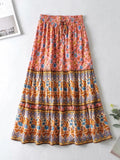 Summer High Waist Long Printed A-Line Skirt Floral Skirt Women Casual Beach Faldas Female Boho Elastic Waist Holiday Maxi Skirts