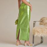 themeisles Sexy Sparkly Slit Long Skirts Women High Waist Metallic Green Slim Maxi Skirt Summer Harajuku Elegant Fairy Grunge Clothes