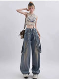 themeisles Autumn Women's Retro Niche Ribbon Design With Versatile Washable And Distressed Wide Leg High Waisted Women's Jeans