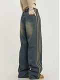 themeisles Vintage Washed Old High Street Side Striped Jeans Women's Loose Wide Leg Slim Pants Women's Jeans