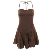 themeisles Spring Summer New Sexy Slim Fashion Women Halter Neck Tie Backless Pleated Short Strap Mini Dress Female