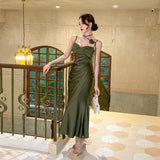 themeisles Satin Suspender Midi Dresses for Women New Summer Elegant Party Evening Clothes Female Fashion Sexy Slim Green Dress Vestid