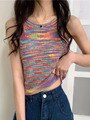 themeisles Colorful Striped Summer Tanks Tops Women Korean Rainbow Sleeveless Shirts Top O-Neck Slim Knitted Top Slim Sexy Streetwear