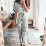 themeisles Women Summer Elegant Button Ruched Bandage Shirt Dress Fashion Casual Short Sleeve Solid V Neck Beach Maxi Dress