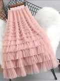 themeisles  New Spring Summer Women High Waist Slim Long Skirt High Quality Lolita Style Sweet Multilayered Mesh Patchwork Cake Skirt