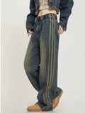 themeisles Vintage Washed Old High Street Side Striped Jeans Women's Loose Wide Leg Slim Pants Women's Jeans