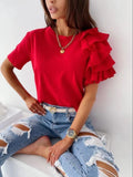 themeisles Women Summer Ruffles Short Sleeve Loose T Shirt Chic Elegant Solid O Neck Tops Casual Simple All Match Tee Streetwear Blouse