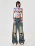 themeisles High Street Perforated Jeans Women's Summer New INS Fashion Brand Straight Tube Loose Sweeping Wide Leg Pants Women's Jeans