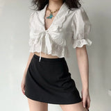 themeisles Ruffle White Shirt Women Crop Top Sexy Hollow Out Elegant Puff Sleeve V-neck Bow Lace-up Blouses Summer Cute Short Shirt