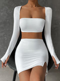 themeisles 2 PCS Sexy White Mini Dress Set Long Sleeve Top Summer Skirts Suits Bodycon Women Party Short Split Dress Suit