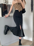 themeisles Black Denim Long Skirt Women Vintage High Waist Split Bodycon Ruffles Pencil Mermaid Midi Skirt Summer Japanese Fashion