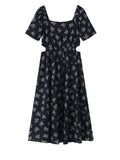 themeisles Vintage Black Square Collar Bandage Puff Sleeve Print Chiffon Midi Maxi Dresses for Women Party Dress Korea Clothing Summer