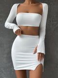 themeisles 2 PCS Sexy White Mini Dress Set Long Sleeve Top Summer Skirts Suits Bodycon Women Party Short Split Dress Suit