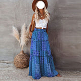 themeisles Summer Long Patchwork Print A-Line Skirt Floral Skirt Women Casual Beach Faldas Female Boho Elastic Waist Holiday Maxi Skirts