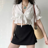 themeisles Ruffle White Shirt Women Crop Top Sexy Hollow Out Elegant Puff Sleeve V-neck Bow Lace-up Blouses Summer Cute Short Shirt