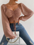 themeisles Fashion Sexy Low-cut Long Sleeve Crop Tops Women Summer Autumn Slim Solid Top Femme And Blouses Chiffon Shirt