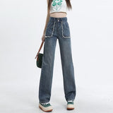 themeisles High End Denim Women's Summer Raw Edge Stitching Design For Lifting Buttocks And Slimming Straight Wash Pants