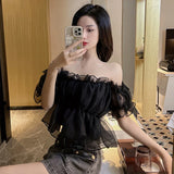 themeisles Short Puff Mesh Sleeves Women's Off shoulder Chiffon Top Lace Sweet Square Neck Sexy Sweet Spring Summer Casual Streetwear