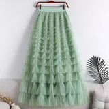 themeisles  New Spring Summer Women High Waist Slim Long Skirt High Quality Lolita Style Sweet Multilayered Mesh Patchwork Cake Skirt