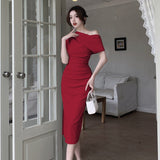 themeisles French Temperament Celebrity Wind Sexy Strapless Oblique Collar Dress Female Spring and Summer Slim Open Package Hip Long Dress