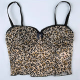 themeisles Leopard Print Mesh Camis Streetwear Y2K Vintage Lace Bow see Through Sexy Summer Backless Crop Top Women Mini Vest