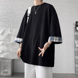 themeisles Spring Summer Men's T-shirts Women Oversized 2XL Korean Style Loose Plaid T-shirt Casual Seven sleeves T-Shirt Male White