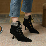 themeisles Autumn Boots   NEW Fall Shoes Women Pointed Toe High Heel Shoes Sheep Suede Thin Heel Shoes Plaid Ankle Boots Women Mature Lace-up Modern Boots