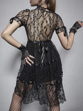 themeisles Lace Mall Gothic Aesthetic Black Women Dresses Grunge See Through Sexy Puff Sleeve Mini Dress A-line Summer Partywear