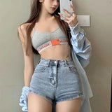 themeisles Blue Denim Shorts Women Sexy High Waist Buttons Pockets Slim Fit Shorts  Summer Beach Streetwear Jeans Shorts