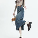 themeisles Retro Denim Skirt For Women Spring And Autumn New Summer Mid Length Slim A-line Split Long Skirt Skirt