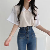 themeisles Korean Spring Summer Casual Polo T-Shirt Female Pullover Women's Loose Tees Top Fake Two Piece Suit Student Preppy Style