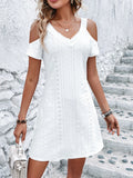 themeisles Solid Color Off Shoulder V Neck White Dress Short Sleeve Hollow Out Lace Mini Dresses Elegant Women Clothing Summer Vestidos