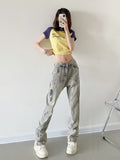 themeisles Yellow Mud Color Street Zippered Jeans  Women's High Street Trendy Straight Leg Pants  Slimming Micro Flared Pants