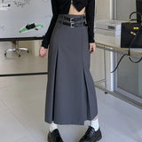 themeisles Korean Style High Waist Long Skirt Women Summer Double Belt Preppy Midi Skirts Woman Pleated Black Gray A Line Skirt