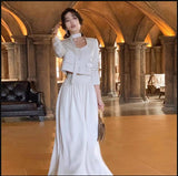 themeisles French White Long Sleeve 2 Piece Set for Women Autumn New Elegant Fashion Short Top High Waist Long Skirt Suit Female Clothing