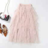 themeisles Tutu Tulle Midi Skirt Women Elegant Fashion High Waist  Irregular Pleated Mesh Long Skirt Spring Summer Party Female