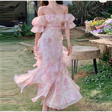 themeisles Floral Sweet Women Midi Dress Mesh Elegant Slash Neck Korean Summer Female Dresses Petal Sleeve Fashion Lady Vestido New