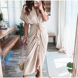 themeisles Women Summer Elegant Button Ruched Bandage Shirt Dress Fashion Casual Short Sleeve Solid V Neck Beach Maxi Dress