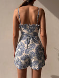 themeisles Summer Floral Short Jumpsuits Women Sexy White Backless Lace-up Beach Playsuit Fashion Wide Leg Rompers Womens Jumpsuit