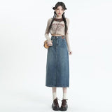 themeisles Retro Denim Skirt For Women Spring And Autumn New Summer Mid Length Slim A-line Split Long Skirt Skirt