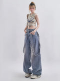 themeisles Autumn Women's Retro Niche Ribbon Design With Versatile Washable And Distressed Wide Leg High Waisted Women's Jeans