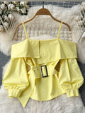 themeisles New Fashion Women Spring Summer Yellow Shirt Sexy Spaghetti Strap Slash Neck Off Shoulder Long Sleeve Blouse with Belt