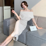 themeisles French Temperament Celebrity Wind Sexy Strapless Oblique Collar Dress Female Spring and Summer Slim Open Package Hip Long Dress