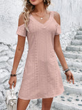 themeisles Solid Color Off Shoulder V Neck White Dress Short Sleeve Hollow Out Lace Mini Dresses Elegant Women Clothing Summer Vestidos