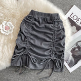 themeisles Draw String Cotton Mini Skirt Girls Summer Elastic Waist Grey Black Split Folds Skirts Women Sexy Bottoms