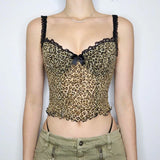 themeisles Leopard Print Mesh Camis Streetwear Y2K Vintage Lace Bow see Through Sexy Summer Backless Crop Top Women Mini Vest