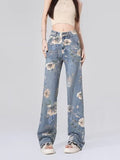 themeisles Street Printed Jeans, Female Niche Design, Trendy Vibe High Waisted Drape, Straight Leg Wide Leg Long Pants, Women's Jeans