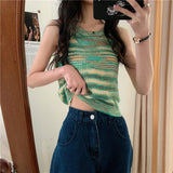 themeisles Colorful Striped Summer Tanks Tops Women Korean Rainbow Sleeveless Shirts Top O-Neck Slim Knitted Top Slim Sexy Streetwear