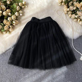 themeisles Sweet Women Mini Skirt Mesh Solid Tierred Ruffles Elastic Waist Women's Clothing Almighty A-line Tulle Skirts Summer